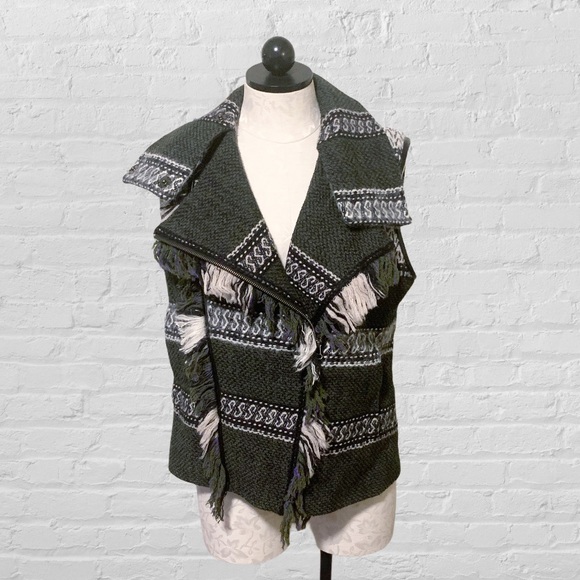EDUN Fair Isle Patterned Fringe Winter Vest Green M - Picture 8 of 12